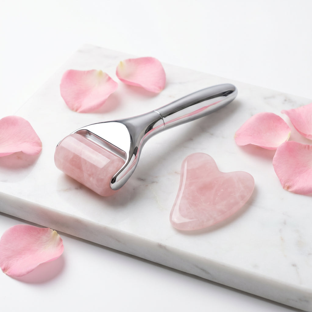 RoseQuartz Glow™ — Set Rodillo Facial Cuarzo Rosa + Gua Sha