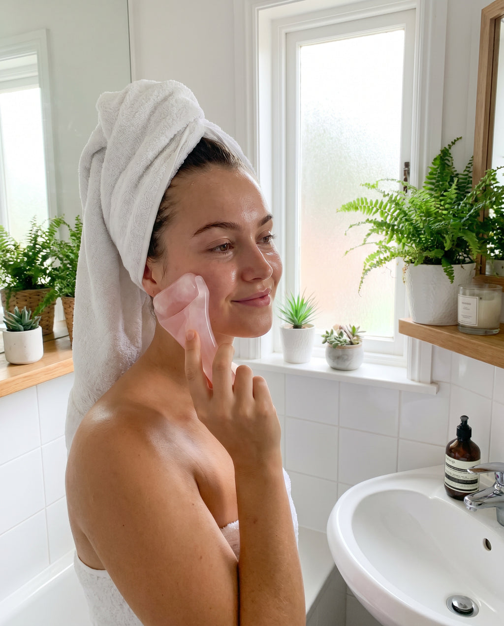 RoseQuartz Glow™ — Set Rodillo Facial Cuarzo Rosa + Gua Sha