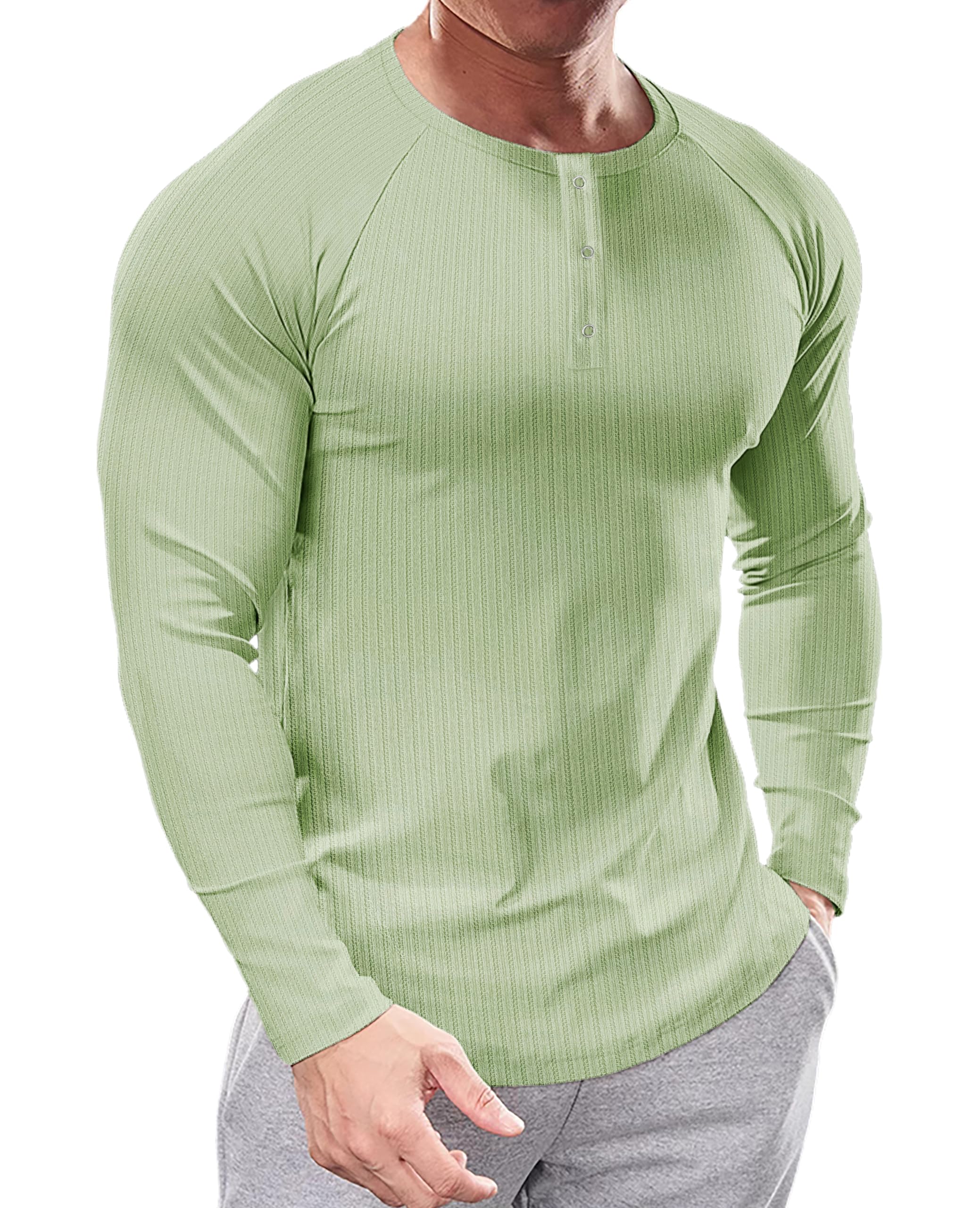 Camiseta Henley Ajustada para Hombres Muhshoiy, Manga Larga, Secado Rápido, Ajuste Muscular, Deportiva, con Costillas, Verde, Talla XL
